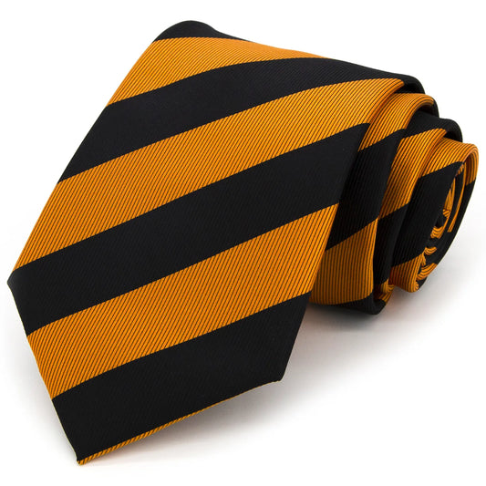 Close-up of a tied black and gold striped silk tie against a white background, showcasing the knot and fabric texture.
