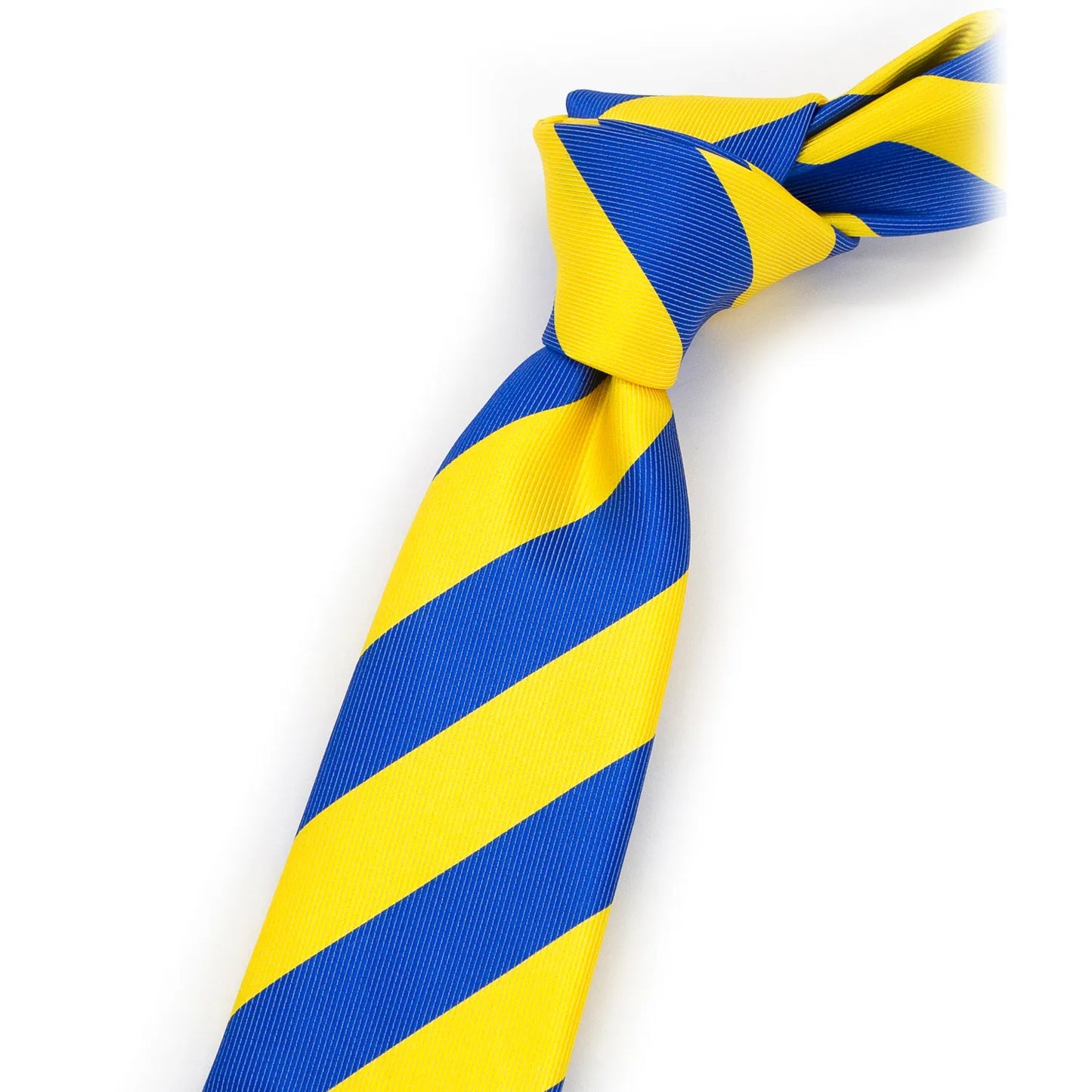 Close-up of a neatly tied blue and yellow striped polyester tie, showcasing its bold colors and ribbed texture against a white background.