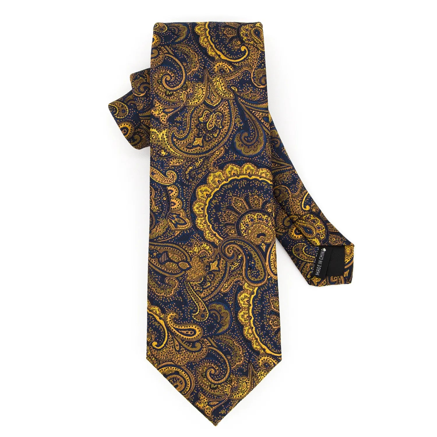 A single, unfolded navy blue and gold paisley tie, showcasing the full vibrant pattern and pointed tip, laid flat on a white background.