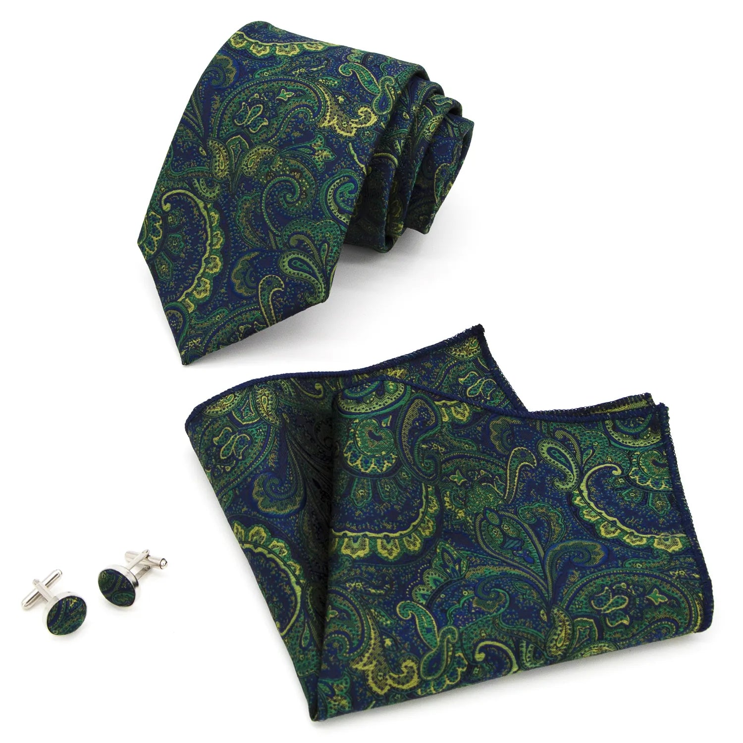 A coordinated set featuring a rolled navy blue and green paisley polyester tie, a folded matching pocket square, and two round cufflinks, all displaying an intricate pattern on a white background.